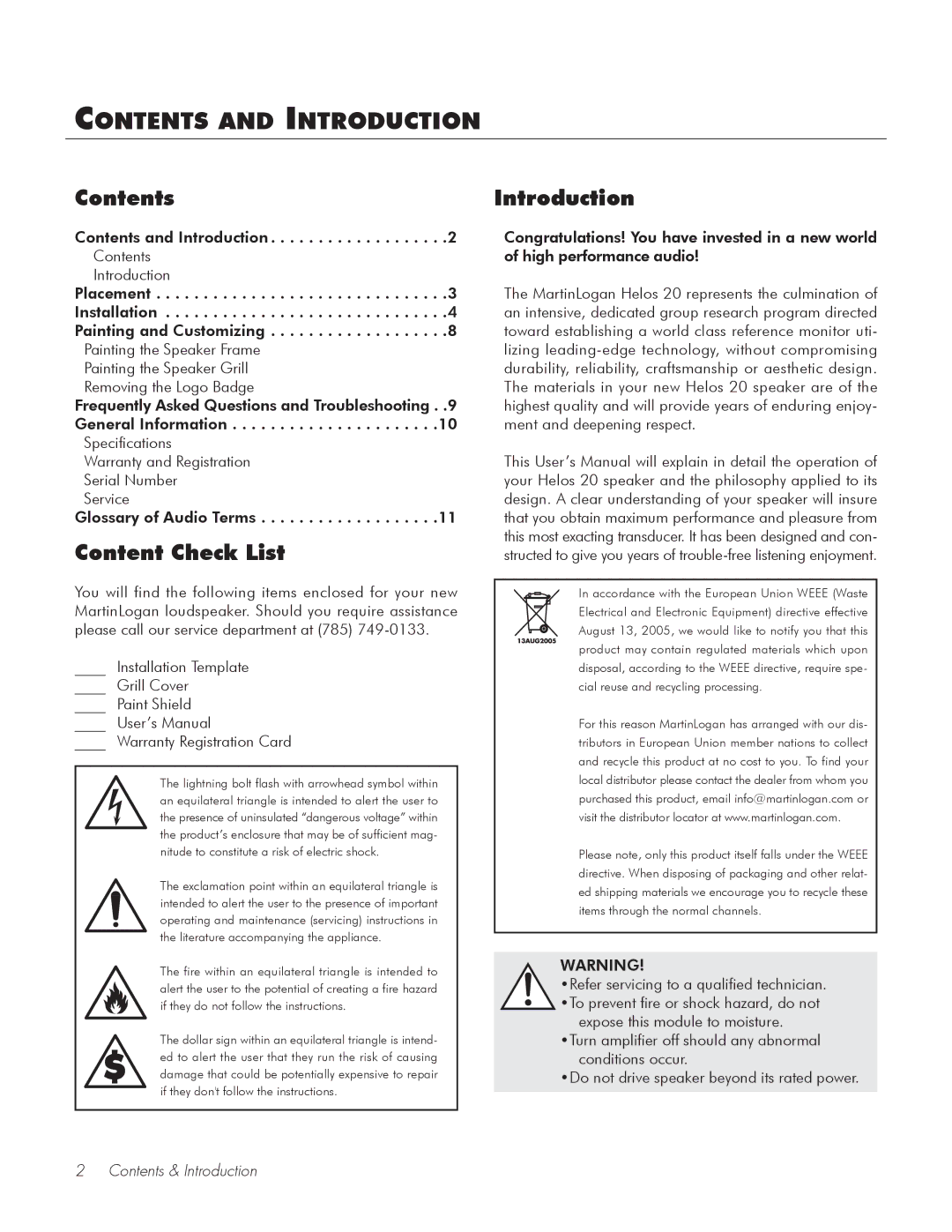 MartinLogan 20 user manual Contents and Introduction 